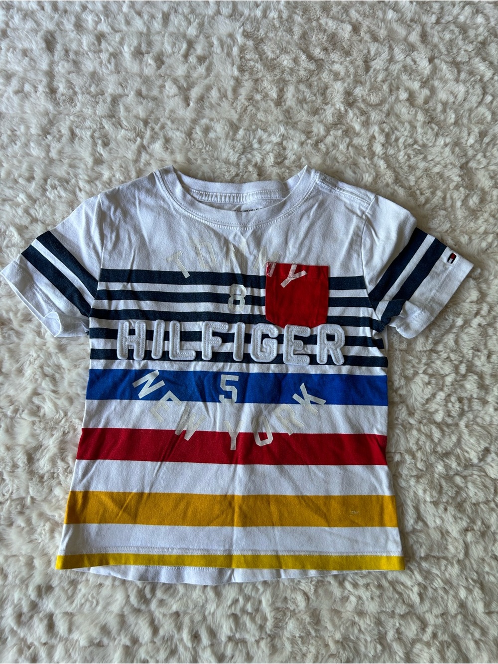Tommy Hilfiger White Tee with Navy, Blue, Red & Yellow Stripes